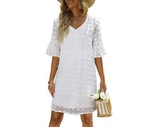 Sommer Kurzer V-Ausschnitt Polka Dot Chiffon Kleid Kurzes A-Linienkleid mit Ausgestellten Rüschenärmeln, Polka Dot Kleid Chiffonkleid A-Linienkleid für die Hochzeit Täglicher Cocktail(XL-Weiß)