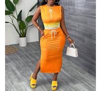 Sommer Lässig Urlaub Set für Frauen mit rundem Ausschnitt, ärmelloses, verkürztes Top in orangeweißem Farbverlauf mit englischem Logo Muster und midi