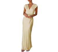 Sommer-Maxikleid aus Satin, V-Ausschnitt, Wickelkleid für Damen, 2026, elegantes Seidenkleid, Flügelärmel, Hochzeitsgästekleider, gelb, Mittel