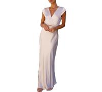 Sommer-Maxikleid aus Satin, V-Ausschnitt, Wickelkleid für Damen, 2026, elegantes Seidenkleid, Flügelärmel, Hochzeitsgästekleider, Champagner, X-Klein