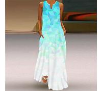 Sommer-Maxikleider Für Damen - Lässiges Damen-Sommerkleid Mit V-Ausschnitt, Blaues Geometrie-Spleißdruck-Pullover, Rock Weiß, Sexy Ärmelloses Langes Kleid, Schickes Strandparty-Loses Swing-Klei