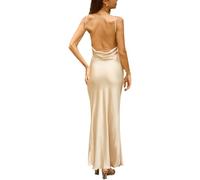 Sommer-Maxikleider für Damen, Satin, elegantes, stilvolles Seidenkleid für Hochzeitsgäste, ärmelloses Design, offener Rücken, Spaghettiträger, Champagner, X-Klein
