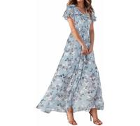 Sommer-Maxikleider für Damen - V-Ausschnitt, kurze Ärmel, Blumenmuster, Chiffon, gestuftes Boho-Strandkleid, lässiger Rüschensaum, A-Linie, Swing, Hochzeit, Party, Kleider für Büro, Date, Nacht,