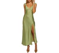 Sommer-Midikleid aus Satin, Spitze, Spaghettiträger, für Hochzeitsgäste, Seide, ärmellos, V-Ausschnitt, Schlitz, gerüscht, Maxikleid für Damen, Oliv/Blatt für mich (Leaf It to Me), X-Groß