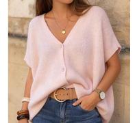 Sommer Neu V-Ausschnitt Knopf Strickjacke, lässiger Urlaubs-Alltags locker geschnittener einfarbiger Strickpullunder für Frauen in Pink