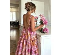 Sommer Neues Damenlanges Kleid, Strandurlaub Stil Damen Outfit, Retro Lässig Damen Maxi Slip Kleid, Elegantes Retro Blumenmuster Kleid Rosa Party