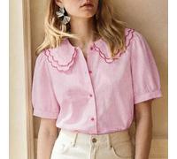 Sommer Neues rosa & weiß gestreiftes Hemd mit doppellagigem besticktem Peter-Pan-Kragen, Puffärmeln, einreihigem Top, geeignet für modischen Pendeln,