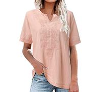 Sommer Oberteile Damen - Baumwolle Leinen T Shirt Damen V Ausschnitt Kurzarm Stickerei Geprägt Solide Bluse Elegant Tunika Große Größen Stilvolle Leinenbluse Hemd Tops T-Shirts & Blusen für Frauen