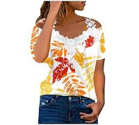 Sommer Oberteile Damen Festliche Oberteile Damen Zur Hochzeit Damen Sweatshirt Frau Sexy Drucken V-Ausschnitte Spitze Patchwork Kalte Schulter Shirt Elegant Cold Shoulder Damenbluse Sommerkleid Kurz