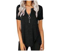 Sommer Oberteile Damen Kurzarm - Asymmetrische T-Shirt Damen mit Reißverschluss Knöpfen Bluse Elegant Solide Longshirt Lose Casual Tshirt Tunika Große Größen Tops T-Shirts & Blusen für Frauen