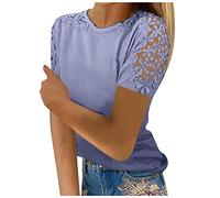 Sommer Oberteile Damen Shirt Mit Gummizug Am Saum Damen Sweatshirt Damen Frauen Elegant Einfarbig Rundhals Spitze Kurze ÄRmel T Shirt Mit Hohle Locker Oberteile Blusentops Damen Elegant (2-Purple, M)