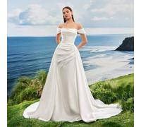 Sommer Off-Shoulder romantisches glänzendes Satin Weiß elegantes Meerjungfrau Brautkleid für Braut, Verlobung, mit Schleppe elegant