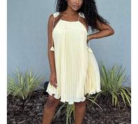 Sommer-Outfit für Damen, Buttergelbes ausgestelltes Chiffon-Minikleid mit Plissee und Blumenträger für Damen, Damenkleider, Sommerkleider für Damen, S