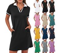 Sommer Polokleid Damen Kurzarm Freizeitkleid Knielang Sportkleid Sport Sommerkleid Golf Kleid Einfarbig Tenniskleid Freizeit Revers Minikleid Kurze Tennis Kleid mit Taschen Dresses für Damen