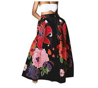 Sommer Rock Damen Luftig Lang Frauen Blumen in Einer Tasche mit hoher Taille Boheme Maxi-Rock-Party am Strand EIN Langer Rock Kleid Figurbetont (Black, XL)
