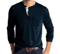 Sommer-Sale Herren T-Shirts Herren Baumwolle Langarm Top Klassische Casual Shirt Tops für Männer Kragenlose Opa T-Shirt Golf Shirts Slim Fit Baumwolle T-Shirt mit Tasche Büro Dunkelblau