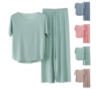 Sommer Schlafanzug Damen Große Größen - Couple Pyjama Set Hosen Zweiteiliger Nachtwäsche Leicht Hausanzug Kurzarm Schlafshirt Elastische Taille Hosen Dünne Freizeitanzug Pyjamaset Lounge Sets
