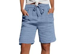 Sommer Shorts für Damen High Waist Kurze Hose mit Umgeschlagenem Saum Casual Strandhose Weites Bein Gummibund Tunnelzug Vielseitige Basic Hose Stoffhose Kurz für Heiße Tage Relaxed Fit Modern