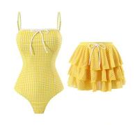 Sommer Strand Damen 2-teiliges Set Einteiler Kaffeefarbenes Karomuster Bandeau Rüschen Badeanzug + Mesh gestufter Rock Elegantes Meeresufer Bademode S