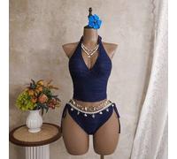 Sommer Strand Damen Spaghettiträger Camisole Bikini 2 Stücke Set, spezieller strukturierter Stoff, Off-White, Muschel Dekor, doppelt seitlich gebunden