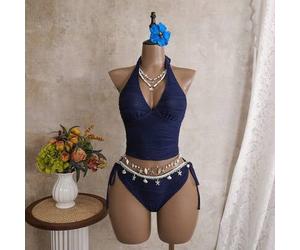 Sommer Strand Damen Spaghettiträger Camisole Bikini 2 Stücke Set, spezieller strukturierter Stoff, Off-White, Muschel Dekor, doppelt seitlich gebunden