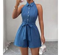 Sommer Strandurlaub Lässig Stil Neckholder einreihig Tailliert Kunstleder Kurz Jumpsuit Elegant Romantisch Damen Jumpsuit