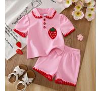 Sommer Süßer Stil Baby Mädchen Polohemd Rot Muschelrand Erdbeer Applikation Kurzarm Shorts 2er Set Baby Sommer Ausflug Lässig Outfit