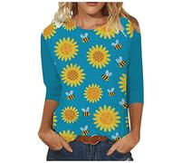 Sommer-Sweatshirt Lässige T-Shirts für Frauen mit Rundhalsausschnitt, 3/4-Ärmel-Bluse, süße Sonnenblume, bedrucktes Mädchen-T-Shirt, grafische Oberteile