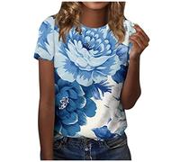 Sommer T Shirt Damen Rundhals Blümchenmuster Druck Elegant Tunika Tops Locker Longshirt Kurzarm Basic T Shirt Outdoor Blusenshirt Urlaub Oberteile Festliche Oberteile Sommerbluse Boho Shirt