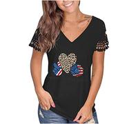 Sommer-T-Shirts für Frauen mit Rundhalsausschnitt, Leopardenmuster, Unabhängigkeitstag, Mädchen, T-Shirt, Spitze, Patchwork, Kurzarm-Oberteile