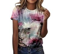 Sommer-T-Shirts für Frauen, Rundhalsausschnitt, Kurzarm-Oberteile, Vintage-Blumendruck, lässige Vintage-Bluse, Basic-Mädchen-T-Shirt