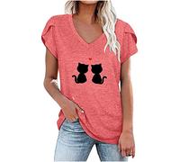 Sommer Tops Damen Elegantes Blütenblatt Ärmel Tshirt Katze Tier Motiv Pullover V-Ausschnitt Kurzarm Trendige Oberteile Lockere Bequeme Tunika Bluse Teenager Mädchen T-shirts Geschenk für Frauen