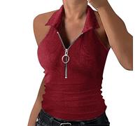 Sommer Tops Damen Eng - Bluse Ohne Ärmel Damen Mit Kragen, V-Ausschnitt Bluse Mit Reißverschluss Neckholder Top Sommer-Sexy Stricktop Ärmellose Oberteile Slim Fit Blusentops Sommertops T-Shirt