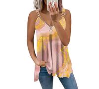Sommer Tops Damen V-Ausschnitt Retro Tie Dye Spaghetti Tank Top Mit Reißverschluss Sexy Rückenfrei Tunika Tops A Linien Plissiertes Blusenshirt Ärmellos Oberteile Elegant Party Tops