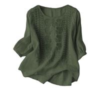 Sommer-Tops für Damen, Baumwoll-Leinen, bestickt, Blumenbluse, kurzärmelig, lässig, Tunika, Tops, Damen, lockere Passform, weich, bequem, Urlaub, Strand, T-Shirt, Nr. 03-05, XL