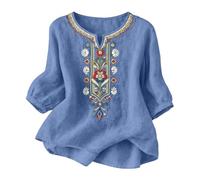 Sommer-Tops für Damen, Baumwoll-Leinen, bestickt, Blumenbluse, kurzärmelig, lässig, Tunika, Tops, Damen, lockere Passform, weich, bequem, Urlaub, Strand, T-Shirt, Nr. 06-02, 3XL