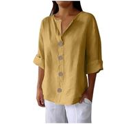 Sommer-Tops FüR Damen Locker Baumwolle Leinenhemd V-Ausschnitt Blusen 3/4-ÄRmel T-Shirts Unifarben Bequem Blusentop Luftige Chillout Dreiviertelarm Basic Ausgehen Oberteile Zum Button