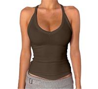 Sommer-Tops mit V-Ausschnitt, Spitze, ärmellos, lässig, V-Ausschnitt, Racerback, Tanktop für Damen, gepolstert, gerippt, lang, tailliert, Basic-Tops, 2 x Tops für Damen, coffee, M