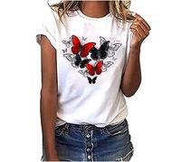Sommer Tshirt Damen Baumwolle Tops Lässig Lose Kurzarm Tee Shirts Basic Rundhals Oberteile Löwenzahn Schmetterling Muster Tunika Bluse Shirt Elegant Longshirt Teenager Mädchen Sportshirt