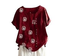 Sommer Tshirt Damen Vintage Knöpfe Baumwolle Leinen Bluse Große Größen Einfarbig Oberteile Kurzarm T-Shirt Casual Rundhals Pullover Tunika Shirt Tee Tops Hemden Locker Blusenshirt Hemdbluse 5XL