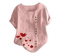 Sommer Tshirt Damen Vintage Knöpfe Baumwolle Leinen Bluse Große Größen Einfarbig Oberteile Kurzarm T-Shirt Casual Rundhals Pullover Tunika Shirt Tee Tops Hemden Locker Blusenshirt Hemdbluse 5XL