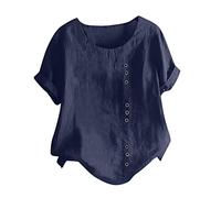 Sommer Tshirt Damen Vintage Knöpfe Baumwolle Leinen Bluse Große Größen Einfarbig Oberteile Kurzarm T-Shirt Casual Rundhals Pullover Tunika Shirt Tee Tops Hemden Locker Blusenshirt Hemdbluse 5XL