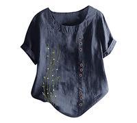 Sommer Tshirt Damen Vintage Knöpfe Baumwolle Leinen Bluse Große Größen Einfarbig Oberteile Kurzarm T-Shirt Casual Rundhals Pullover Tunika Shirt Tee Tops Hemden Locker Blusenshirt Hemdbluse 5XL