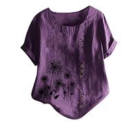 Sommer Tshirt Damen Vintage Knöpfe Baumwolle Leinen Bluse Große Größen Einfarbig Oberteile Kurzarm T-Shirt Casual Rundhals Pullover Tunika Shirt Tee Tops Hemden Locker Blusenshirt Hemdbluse 5XL