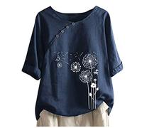 Sommer Tshirt Damen Vintage Knöpfe Baumwolle Leinen Bluse Große Größen Einfarbig Oberteile Kurzarm T-Shirt Casual Rundhals Pullover Tunika Shirt Tee Tops Hemden Locker Blusenshirt Hemdbluse 5XL