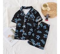Sommer Tween Jungen "SIX SEVEN" Cartoon Allover-Muster Pyjama Set, Polokragen Strickjacke mit weißer Bordüre, Kurzarm-Top + weite Shorts 2-teilig, wei