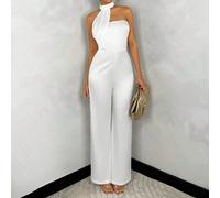 Sommer weißes Einfarbig Satin Trägerkleid mit asymmetrischem Saum und weitem Bein, weißer Jumpsuit Damen elegant, Jumpsuit Damen für Feier