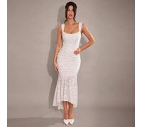 Sommer weißes, sexy strukturiertes Jacquard Maxi-Kleid mit Off-Shoulder Ausschnitt, elegantem Fischschwanzsaum und Rückenausschnitt, elegant und geeig