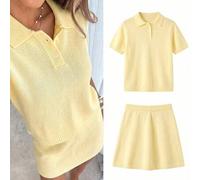Sommer/Winter Street Style Y2K Damen Cremegelb Polokragen Kurzarm Stricktop und Strickrock 2-teiliges Set, Vintage Western Stil, geeignet für Ausflüge