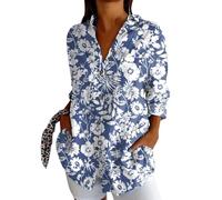 Sommerbluse Damen Leicht Und Luftig Tunika V-Ausschnitt Große Größen Blusenshirt Langarmshirt Leinen Baumwolle Hemd Oberteile Druck Shirt Weiße Bluse Damen Kurzarm Leinenbluse Oversize Blau Grün